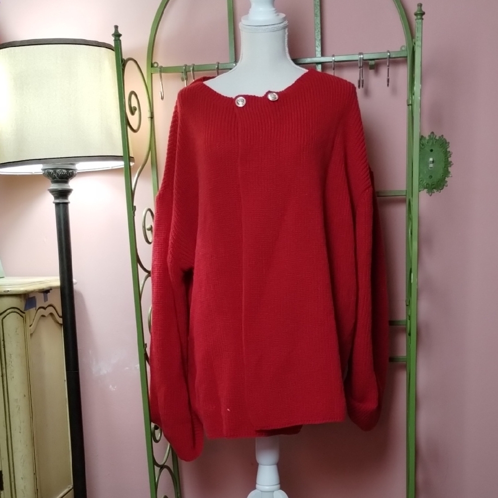 SHEIN Red Crew Neck Sweater with Button Accents